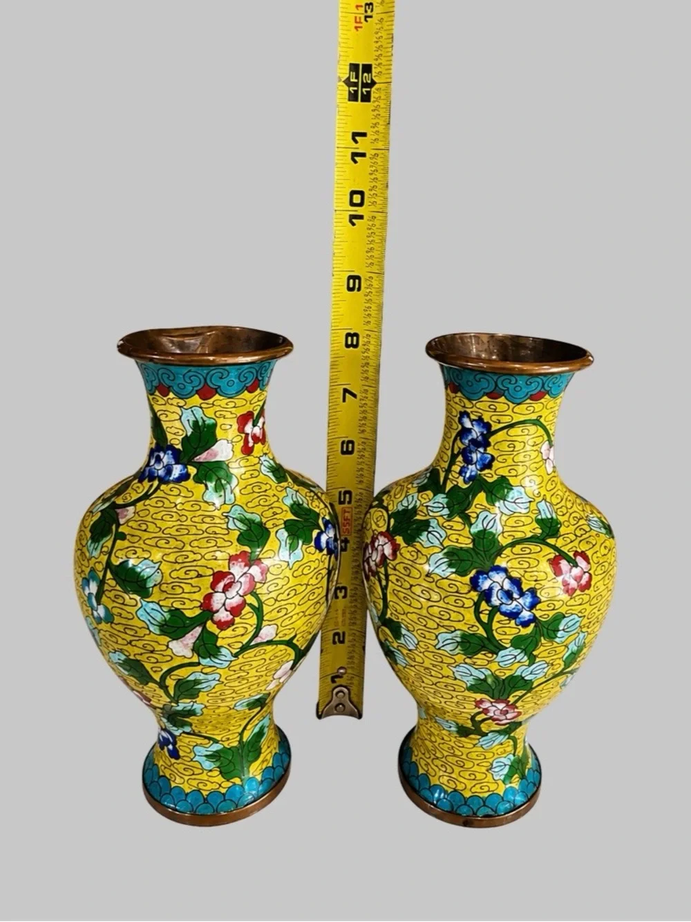 Pair Vintage Asian Style Enameled Metal Floral Vases  8”